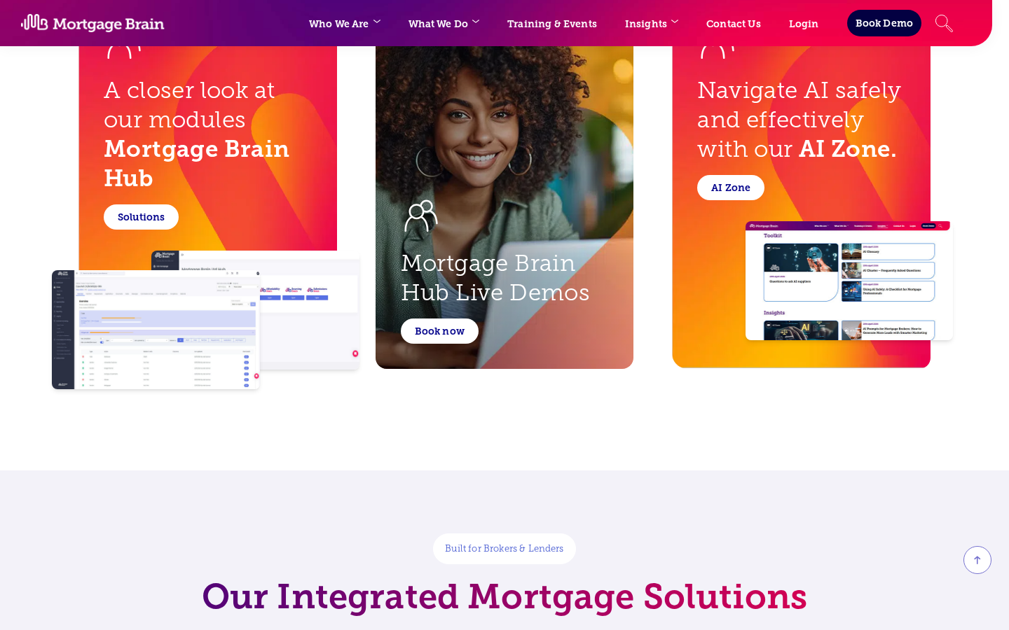 Mortgage Brain solutions section with module cards, live demo booking and the integrated solutions overview